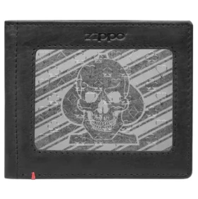 Black Leather Wallet- Spade Skull Metal Plate Design