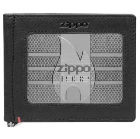 Black Leather Wallet- Zippo 1932 Metal Plate Design