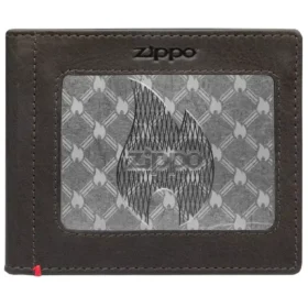 Mocha Leather Wallet- Zippo Flame Metal Plate Design